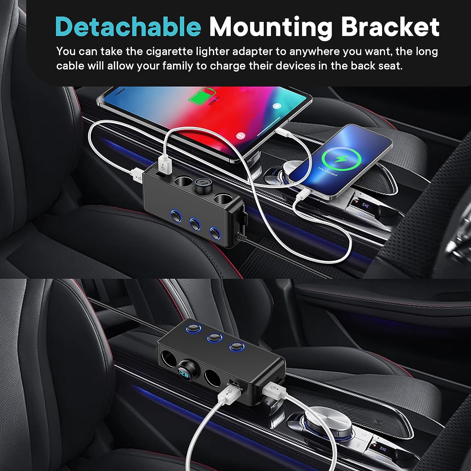 𝟮𝟬𝟮𝟯 𝗡𝗲𝘄 Cigarette Lighter Adapter Quick Charge 3.0, 120W 12V/24V 3-Socket Power Splitter DC Outlet with 8.5A 4 USB Ports - Image 3