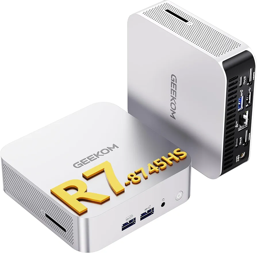 GEEKOM A8 Mini PC with AMD Ryzen 7 8745HS (Beats 6800H), 32GB DDR5 RAM 1TB NVMe SSD, Windows 11 Pro Desktop Computer for Home&Business, Radeon 780M, USB4, SD Slot, 8K, 4 Display | WiFi 6E, 2.5G LAN