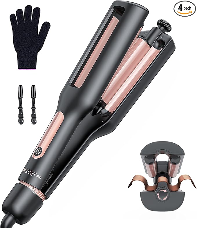 22/25/32/38mm Adjustable Wave Curling Iron - 4 in 1 Ionic Beach Waver Hair Curler with Ceramic Electrical Coating, Anti-Scald, 30S Heat Up, Digital Display, 4 Temperature(140°C-210°C), Rose Gold