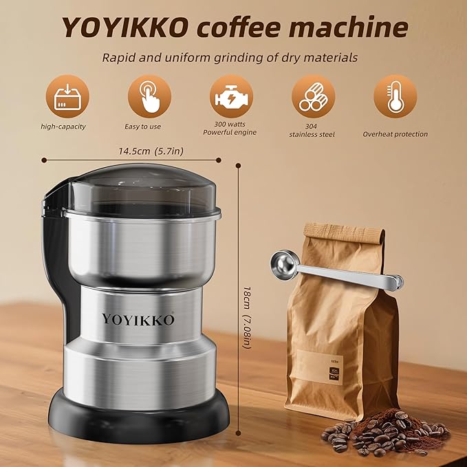 Electric Coffee Grinder 300W, Adjustable Grind, Espresso/Drip/Pour. Coffee Grinder for Coffee, Spices, and Other Foods (silvery-88)